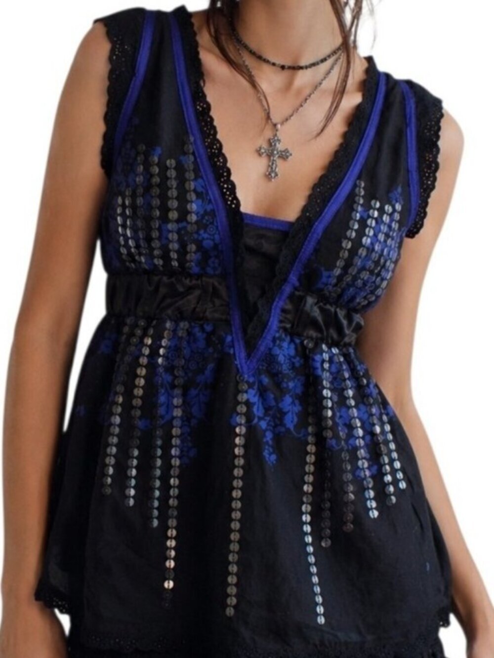 Hooch Y2K Babydoll Top Women 10 Black Blue